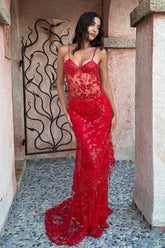Hot Mermaid Spaghetti Straps Red Long Prom Dress with Embroidery