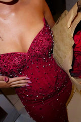 Hot Mermaid Strapless Red Corset Prom Dress with Beading