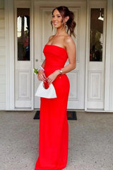 Hot Mermaid Strapless Red Long Prom Dress with Ruched Slit