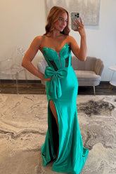Hot Mermaid Sweetheart Green Long Prom Dress with Keyhole Bowknot