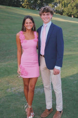 Hot Pink Floral Applique Square Neck Mini Homecoming Dress