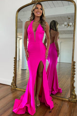 Hot Pink Halter Neck Mermaid Prom Dress with Satin Finish and Slit