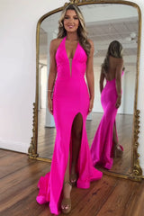 Hot Pink Halter Neck Mermaid Prom Dress with Satin Finish and Slit
