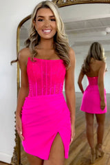 Glamorous Hot Pink Mermaid Short Homecoming Dress with Beading and Side Slit