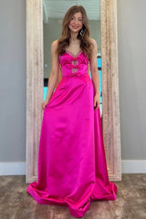 Hot Pink Satin A-Line Prom Dress with Sweetheart Neckline and Bowknots