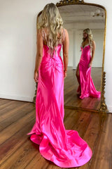 Hot Pink Satin Corset Mermaid Prom Dress with Beaded Sweetheart Neckline and Slit