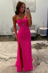 Hot Pink Sweetheart Lace Mermaid Prom Dress with Corset Bodice and Slit