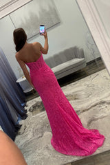 Hot Pink Sweetheart Lace Mermaid Prom Dress with Corset Bodice and Slit