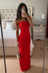 Hot Mermaid Strapless Red Long Prom Dress with Ruched Slit