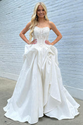 Ivory Elegance Strapless Ball Gown Prom Dress with Lace Corset Bodice