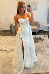 Ivory Lace Strapless Prom Dress with Sheer Corset Bodice and Sweep-Brush Train