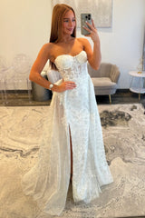 Ivory Lace Strapless Prom Dress with Sheer Corset Bodice and Sweep-Brush Train