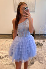 Lavender A-Line One Shoulder Homecoming Dress with Short Tiered Tulle Skirt