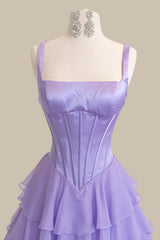 Lavender Chiffon Tiered Ruffle Formal Prom Dress with Corset Bodice