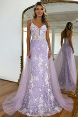 Lavender Floral Embroidered Mermaid Prom Dress with Sheer Bodice & Train