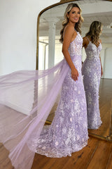 Lavender Floral Embroidered Mermaid Prom Dress with Sheer Bodice & Train
