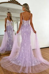Lavender Floral Embroidered Mermaid Prom Dress with Sheer Bodice & Train