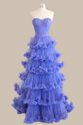 Lavender Tulle Prom Dress with Sweetheart Corset Bodice A Line Cut and Tiered Ruffle Skirt