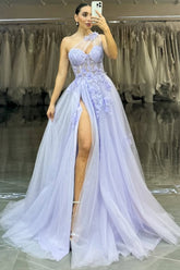Lavender One-Shoulder Floral Appliqué Tulle Prom Gown with High Slit