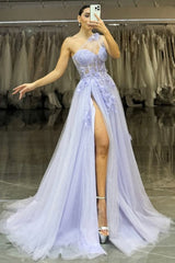 Lavender One-Shoulder Floral Appliqué Tulle Prom Gown with High Slit