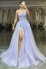 Lavender One-Shoulder Floral Appliqué Tulle Prom Gown with High Slit