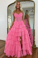 Layered Ruffle A-Line Prom Dress with Embellished Lace Bodice and Leg Slit