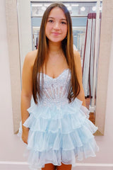 Light Blue A-Line Sweetheart Lace Up Short Tiered Tulle Dress Homecoming Dress