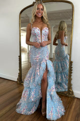 Light Blue Floral Embroidered Mermaid Prom Dress with Tiered Tulle Train