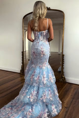 Light Blue Floral Embroidered Mermaid Prom Dress with Tiered Tulle Train