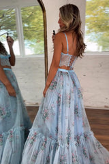 Light Blue Floral Two-Piece Prom Dress with Lace Crop Top & Tiered Tulle Skirt