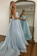 Light Blue Glitter Floor-Length Gown with Spaghetti Straps Prom Dress