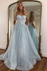 Light Blue Glitter Floor-Length Gown with Spaghetti Straps Prom Dress