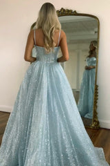 Light Blue Glitter Floor-Length Gown with Spaghetti Straps Prom Dress