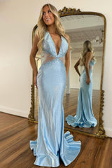 Light Blue Halter Neck Mermaid Gown with Beaded Appliques Prom Dress