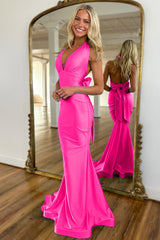 Light Blue Halter Neck Backless Long Mermaid Satin Prom Dress with Bow-knot