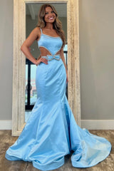 Light Blue Mermaid Prom Dress Featuring Cute Bowknot and Waist Cutout