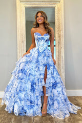 Light Blue Romantic A-Line Sweetheart Long Print Layered Tulle Prom Dress with Slit
