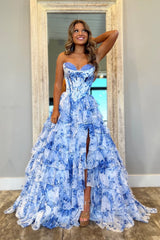 Light Blue Romantic A-Line Sweetheart Long Print Layered Tulle Prom Dress with Slit