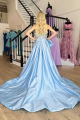 Light Blue Satin Prom Dress with Dramatic Bow and Flowy Skirt