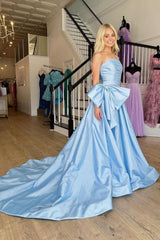 Light Blue Satin Prom Dress with Dramatic Bow and Flowy Skirt