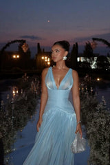 Light Blue Shimmer A-Line Evening Gown with Plunge Neck and Slit