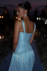 Light Blue Shimmer A-Line Evening Gown with Plunge Neck and Slit