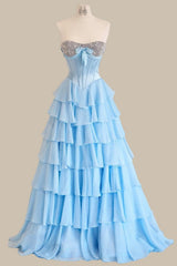 Light Blue Strapless Prom Gown with Beaded Bustier Bodice and Multi Tiered Ruffle Ball Gown Skirt