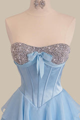 Light Blue Strapless Prom Gown with Beaded Bustier Bodice and Multi Tiered Ruffle Ball Gown Skirt