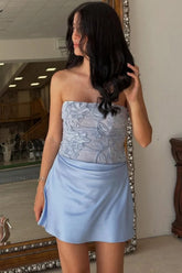 Light Blue Strapless Lace Top Corset Back Satin Homecoming Dress