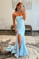 Glitter Light Blue Strapless Mermaid Long Tight Beaded Prom Dress with Slit