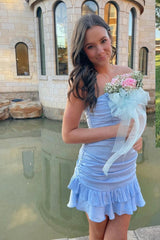 Light Blue Strapless Ruched Mini Homecoming Dress with Ruffled Hem