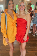 Light Blue Strapless Ruched Mini Homecoming Dress with Ruffled Hem