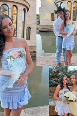 Light Blue Strapless Ruched Mini Homecoming Dress with Ruffled Hem