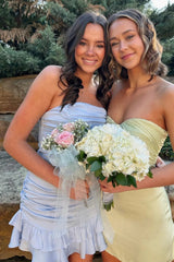 Light Blue Strapless Ruched Mini Homecoming Dress with Ruffled Hem